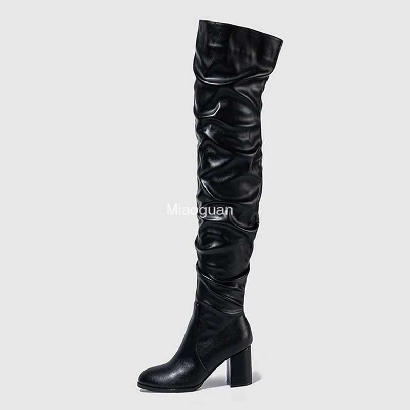 High Quality Black high-quality soft wrinkled leather knee strap boots Fi zipper round toes block shaped square H motorcycle shoes T241206