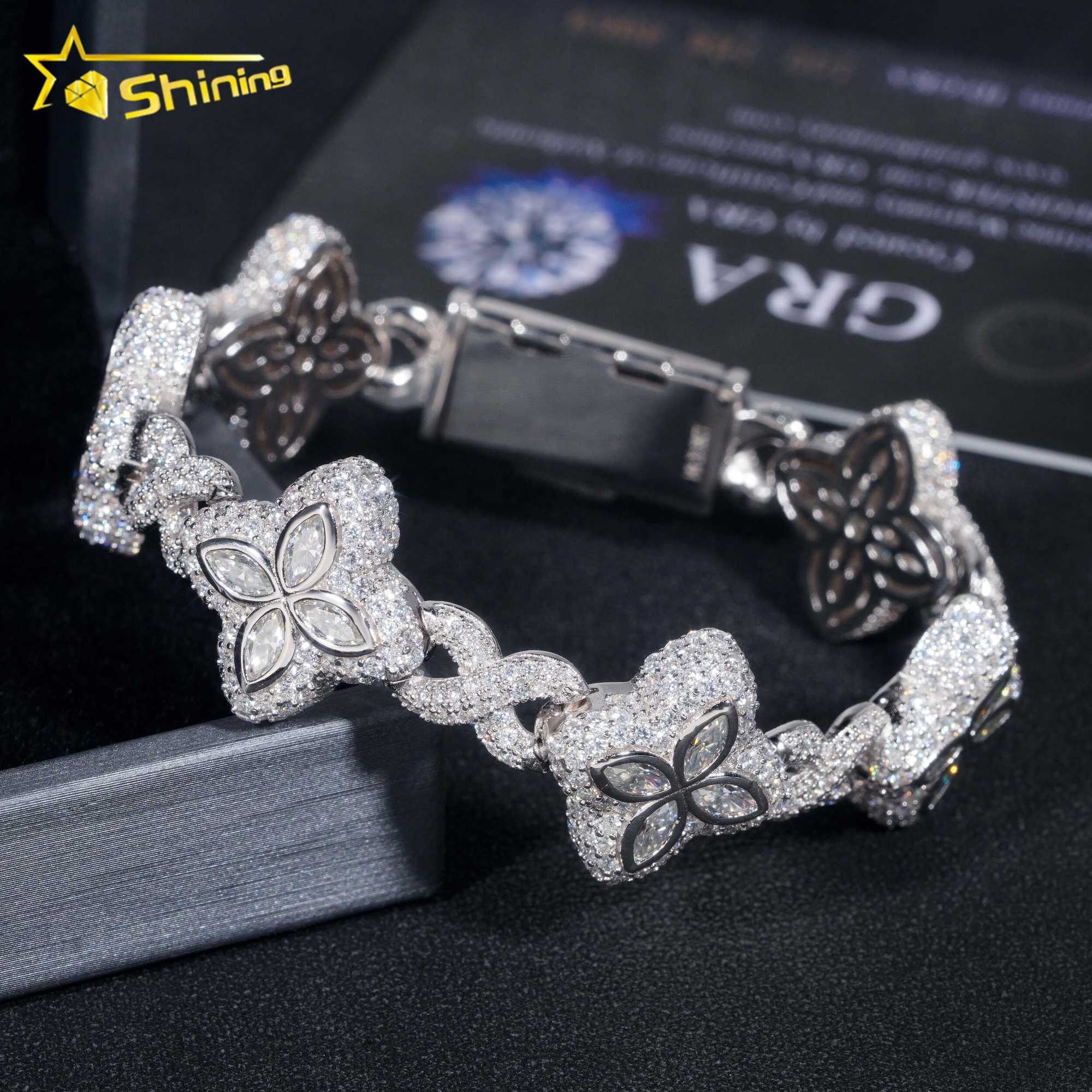 2024 new arrivals fashion fine jewelry 925 sterling silver vvs moissanite diamond four leaf clover tennis bracelet