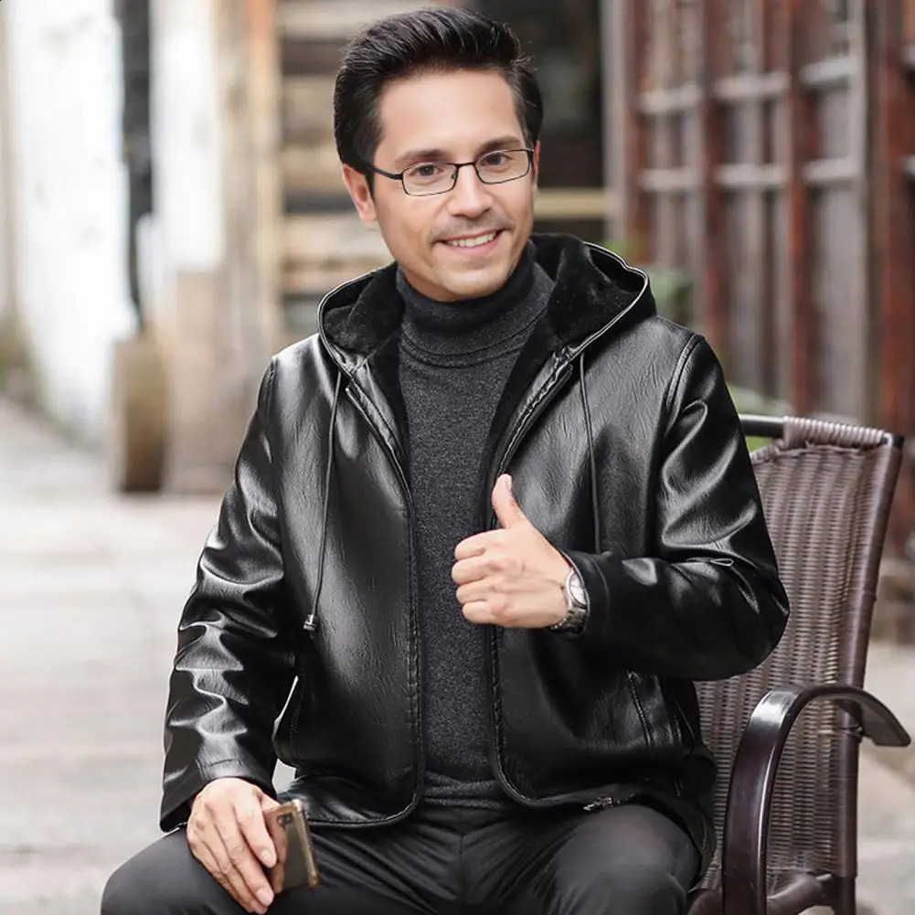 Hooded Faux Leather Jacket Men with Velvet Lining Stylish Mens for Winter 241202
