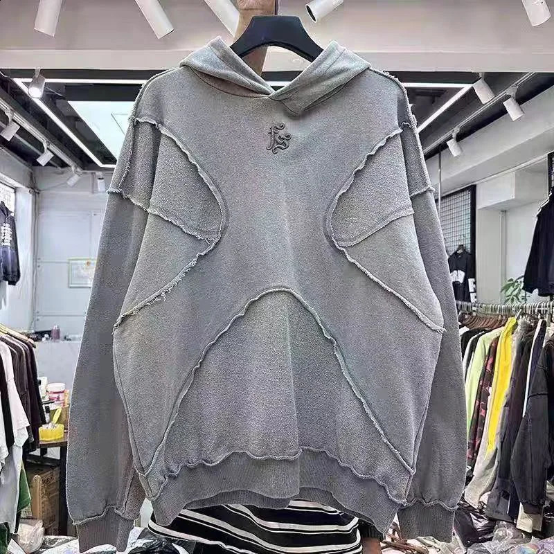 Vintage Wash Embroidery Splicing Hoodies Men Woman Quality Thick Fabric Oversized Trend Motion Pullover 241203