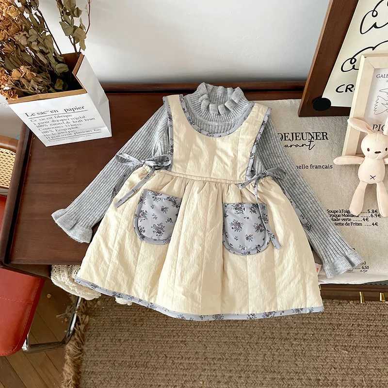 Winter Children Girls 2PCS Clothes Set Cotton Padded Floral Patchwork Dress Solid Knitted Bottom Sweaters Suit Baby Girl OutfitsXJ241206