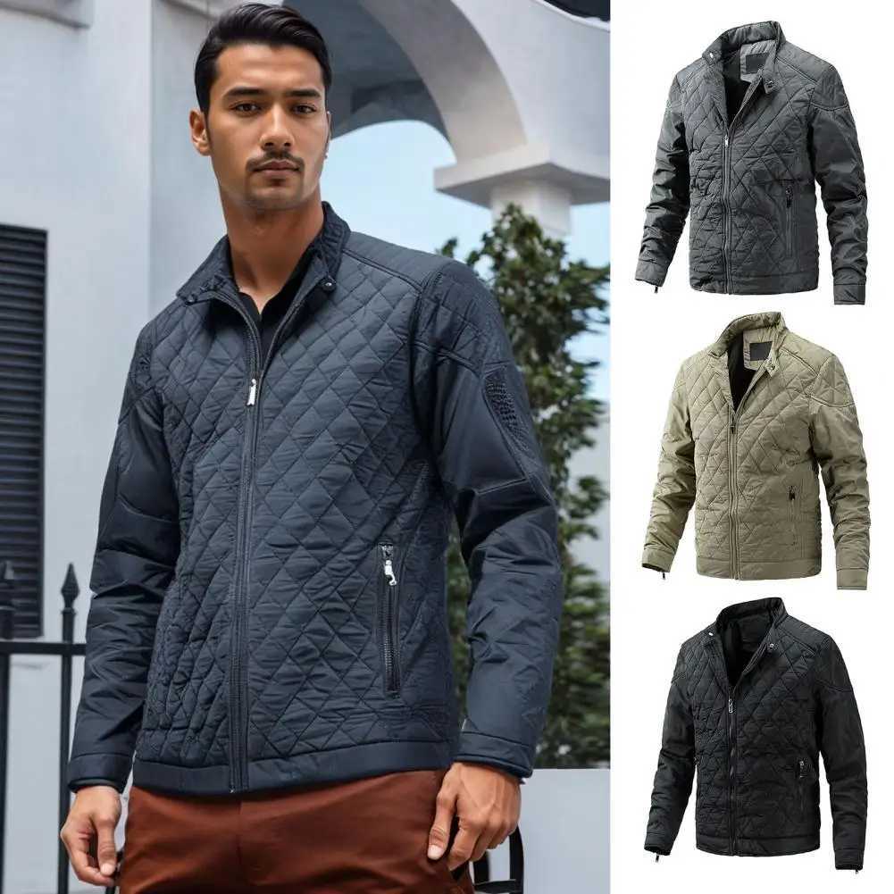 Men Stand-up Collar Coat Mens Quilted Stand Collar Cotton Coat with Zipper Pockets Windproof Outwear Jacket Coat for WinterXJ241206