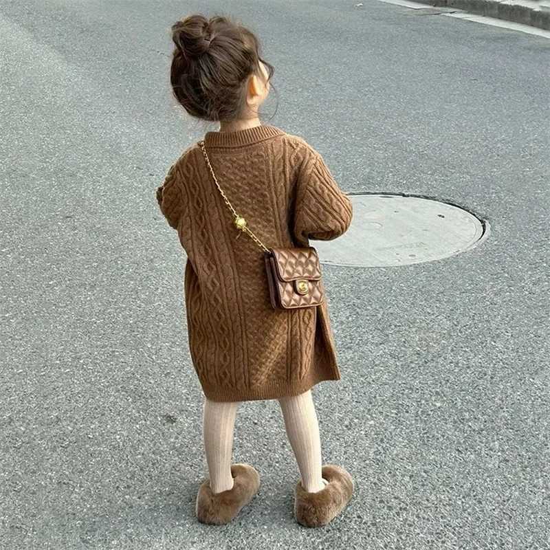 Childrens Clothing 2024 Korean Girls Versatile Dress 2024 Spring Autumn New Girls Baby Coffee Colored Sweater Long SkirtXJ241206