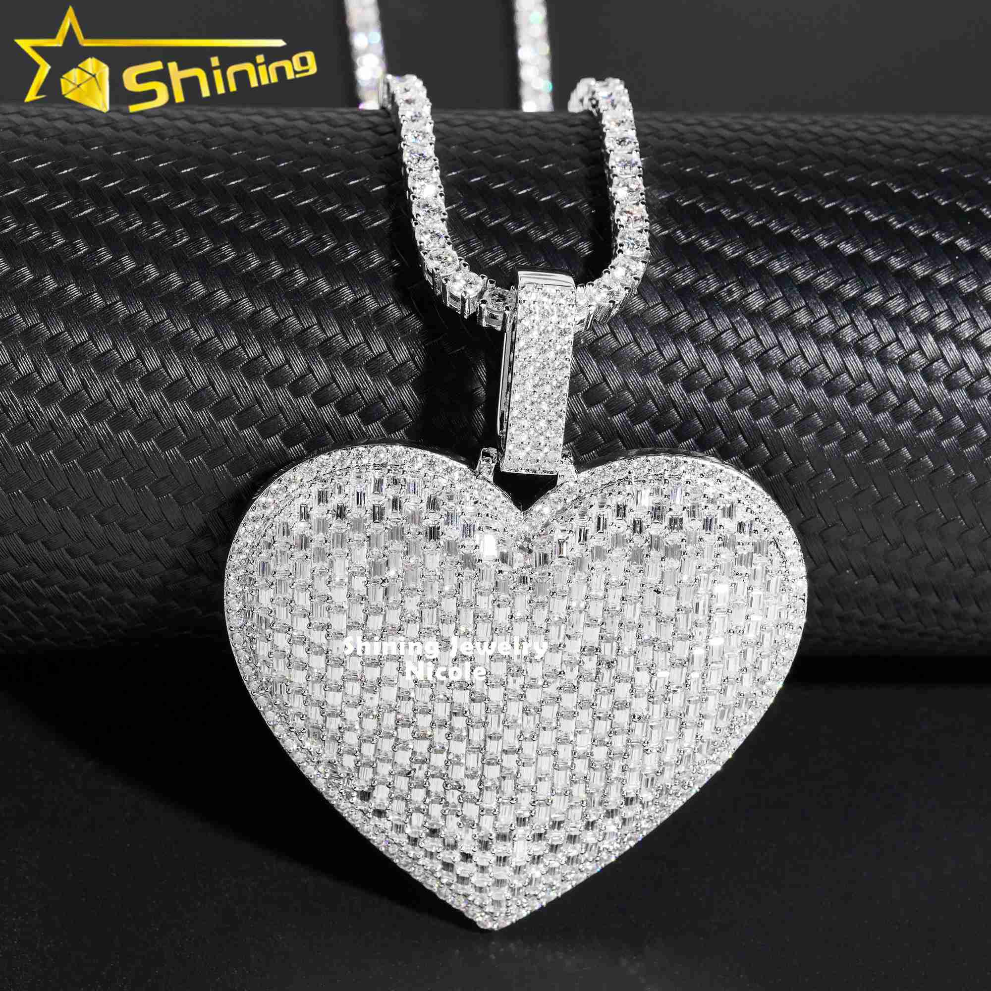 Luxury Big Heart Fully Iced Out Baguette Diamond Silver 925 Custom Moissanite Hip Hop Pendant
