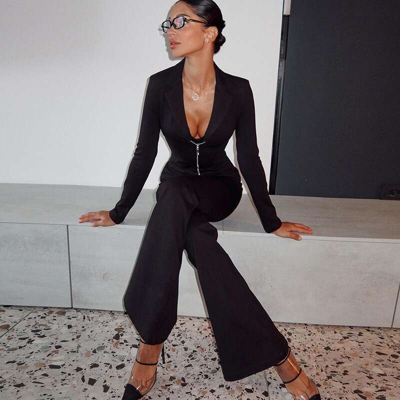 Black 2-Piece Set Women's Autumn Solid Long Sleeve Lapel Zipper Top Slim Elegant Pants Suit Outfits Y2k
