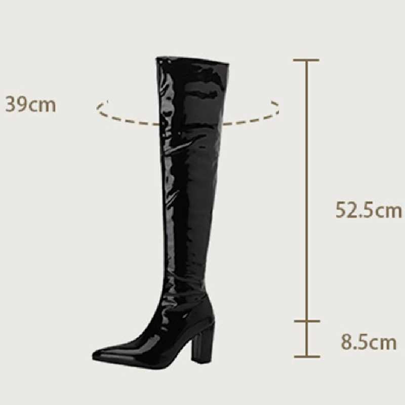 High Quality Sexy knee high PU leather warm boots flat zipper square high heels high heels womens shoes autumn and winter thick boots T241206