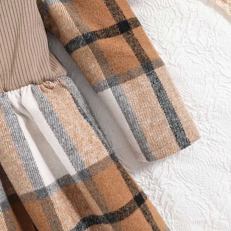 Kids Dresses for Girls Khaki Knitted Patchwork Plaid Long-Sleeved Dress New Autumn Winter Fashion Princess Casual Kids DressesXJ241206