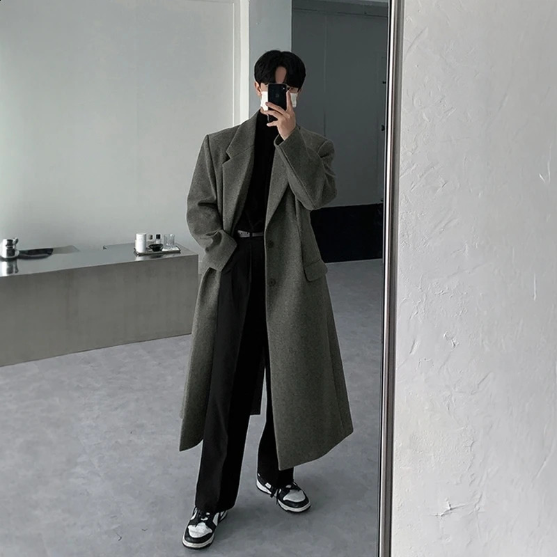 FEWQ Korean Fashion Mens Wool Coat Winter Thick Knee Length UK Trench Solid Color Mens Loose Top 24E5104 241204