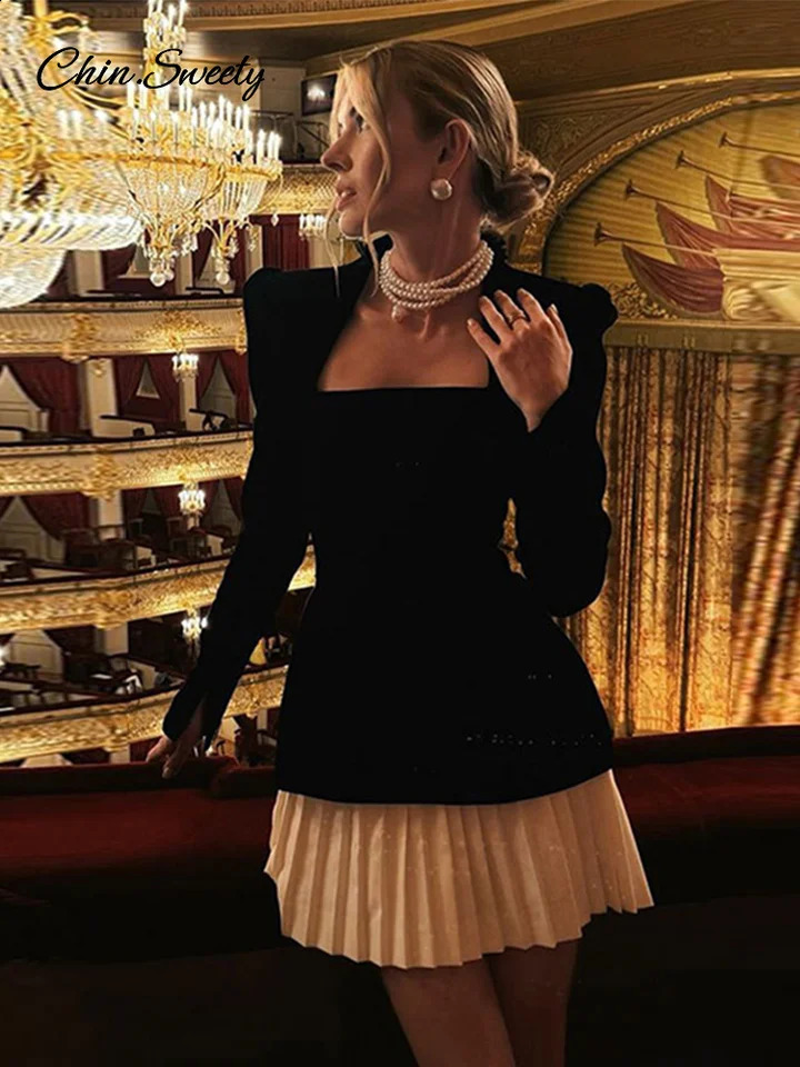 Elegant velvet patchwork black mini dress for women with shoulder pads pleated hem square neckline long sleeved dress womens party dress 241206