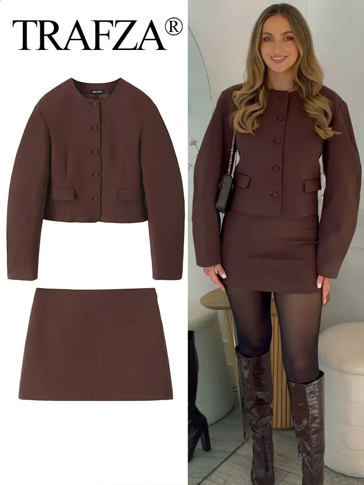 TRAFZA 2024 Autumn Women Fashion Solid Set O Neck Balloon Type Short Coat Top Wild Streetwear Slim Woman Brown Mini Skirt 241205