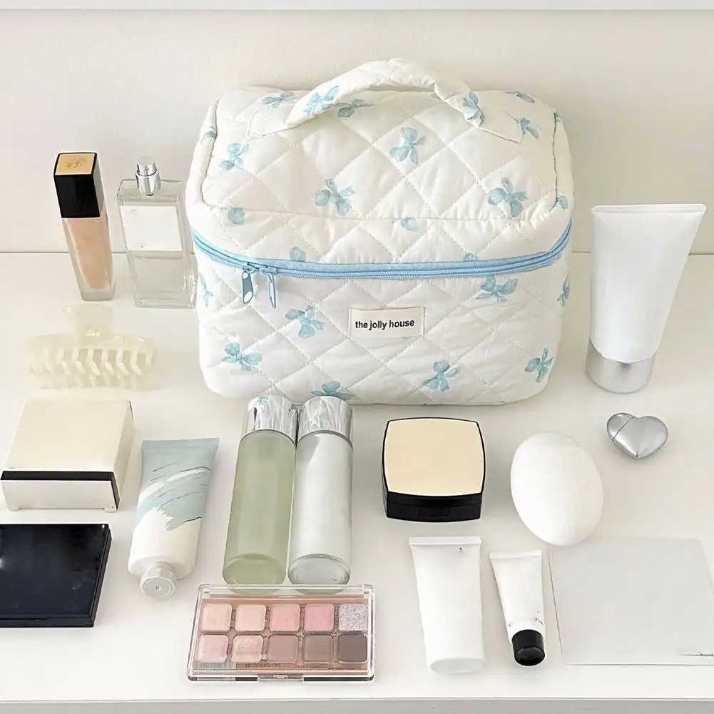 Cosmetic Bag White Bow Makeup Bag Small Fresh And Cute Student Portable Storage Bag Toiletry Bag Large Capacity Bag QuiltedXJ241206