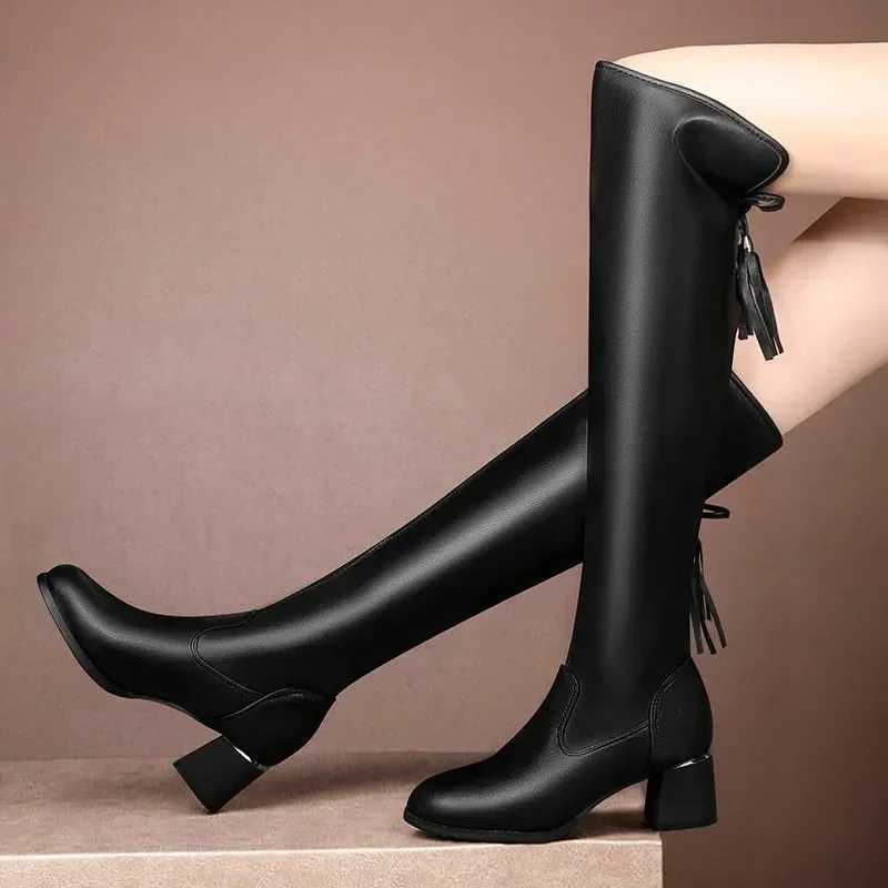 High Quality Warm leather elastic knee boots new winter warm P Lg boots autumn slider Pointed thick H Knight Botas T241206