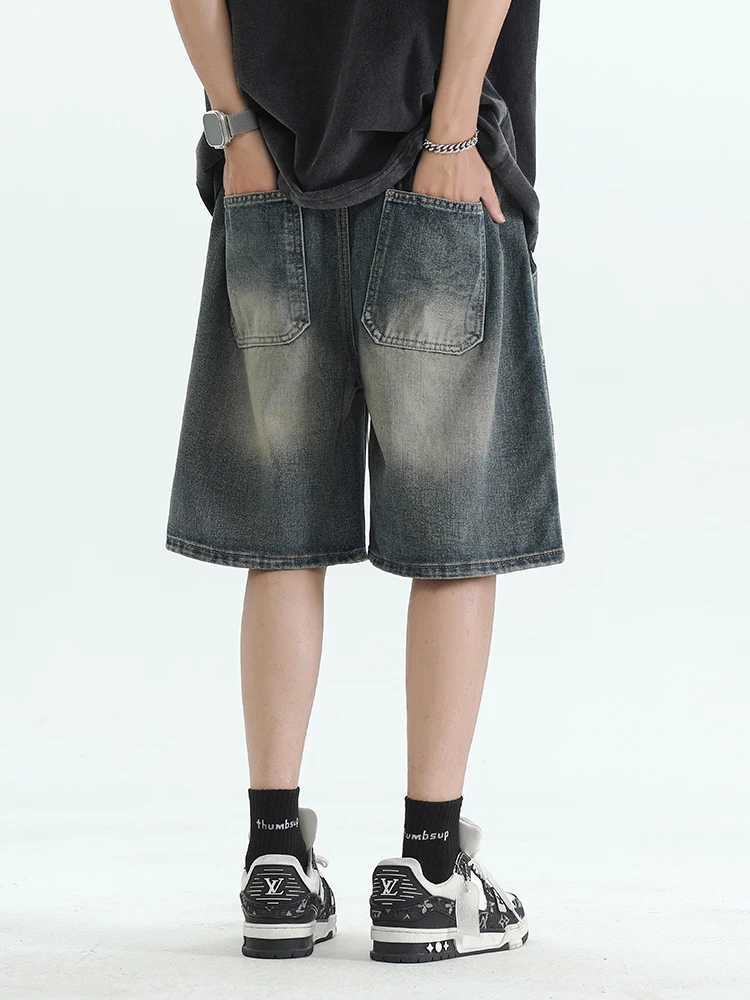 2024 New Summer Baggy Denim Shorts Men Hip Hop Streetwear Wide Leg Straight Jeans Shorts Drawstring Loose Men Casual Short PantsXJ241206