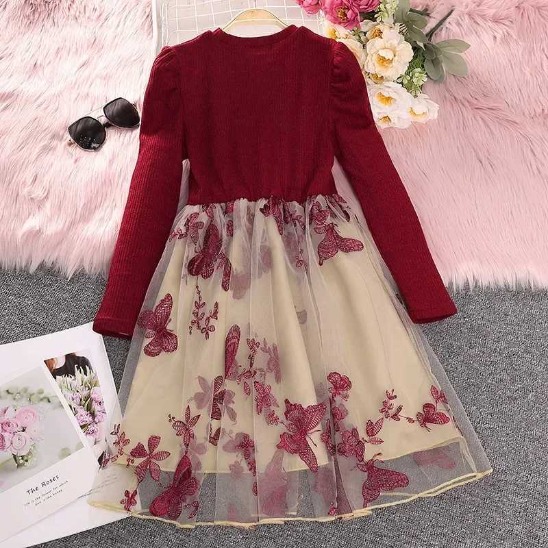 6-12 Years Spring Autumn Girls Dress Knitted Top Patchwork Big Flower Embroidered Lace Mesh Princess Dresses For ChildrenXJ241206