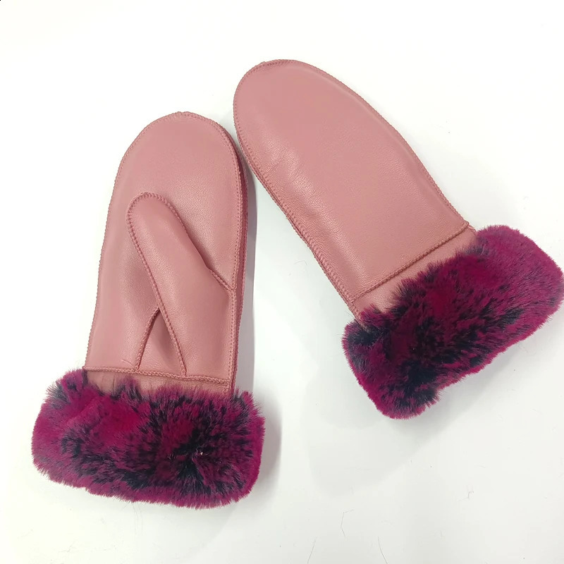 Womens winter sheepskin thick gloves imitating Rex rabbit fur cuffs for warmth even finger gloves cute fur outdoor sports womens gloves 241206