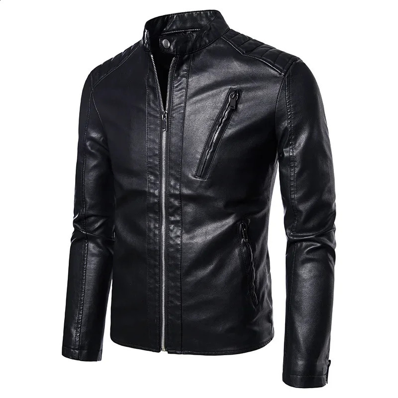 Trendy British Style Mens Faux Leather Motorcycle Jacket Casual Stand Collar Outdoor Cycling Quality Crossborder Product 241202