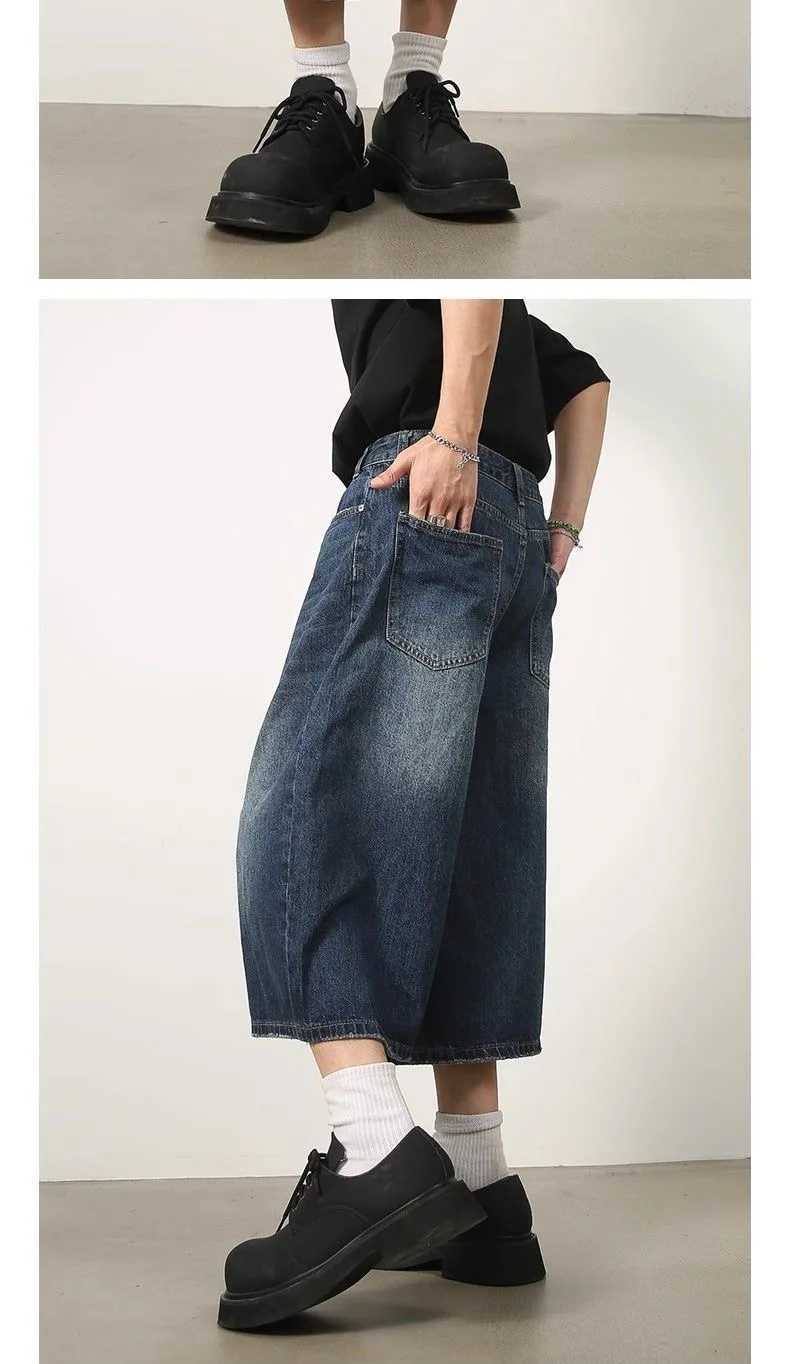 Retro Y2k Baggy Women Men Black Jeans Low Waist Casual Wide Pants Frayed Denim Shorts Big Size ClothesXJ241206