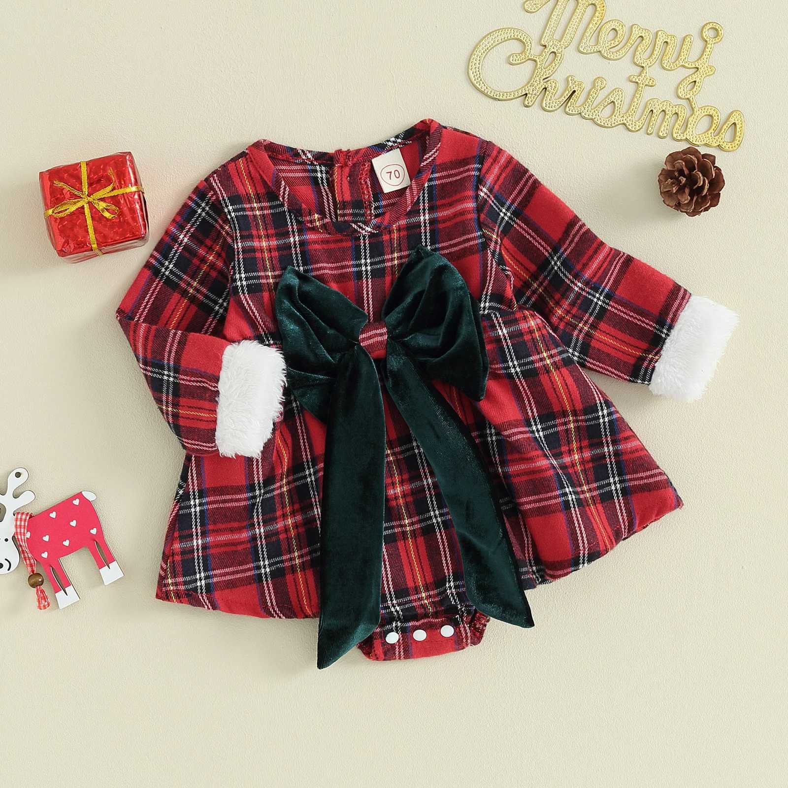 FOCUSNORM 1-6Y Toddler Kids Girls Christmas Romper/Dress Plaid Printed Plush Patchwork Bowknot Long Sleeve Jumpsuits Or DressXJ241206