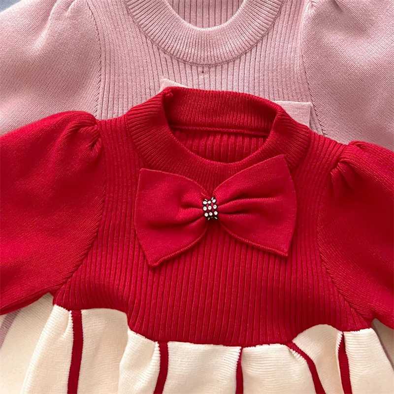 Girls Sweater Dress Childrens Autumn Winter Knitted Gown New Bow Sweet Princess Vestidos Kids Fashion Warm Cotton ClothingXJ241206
