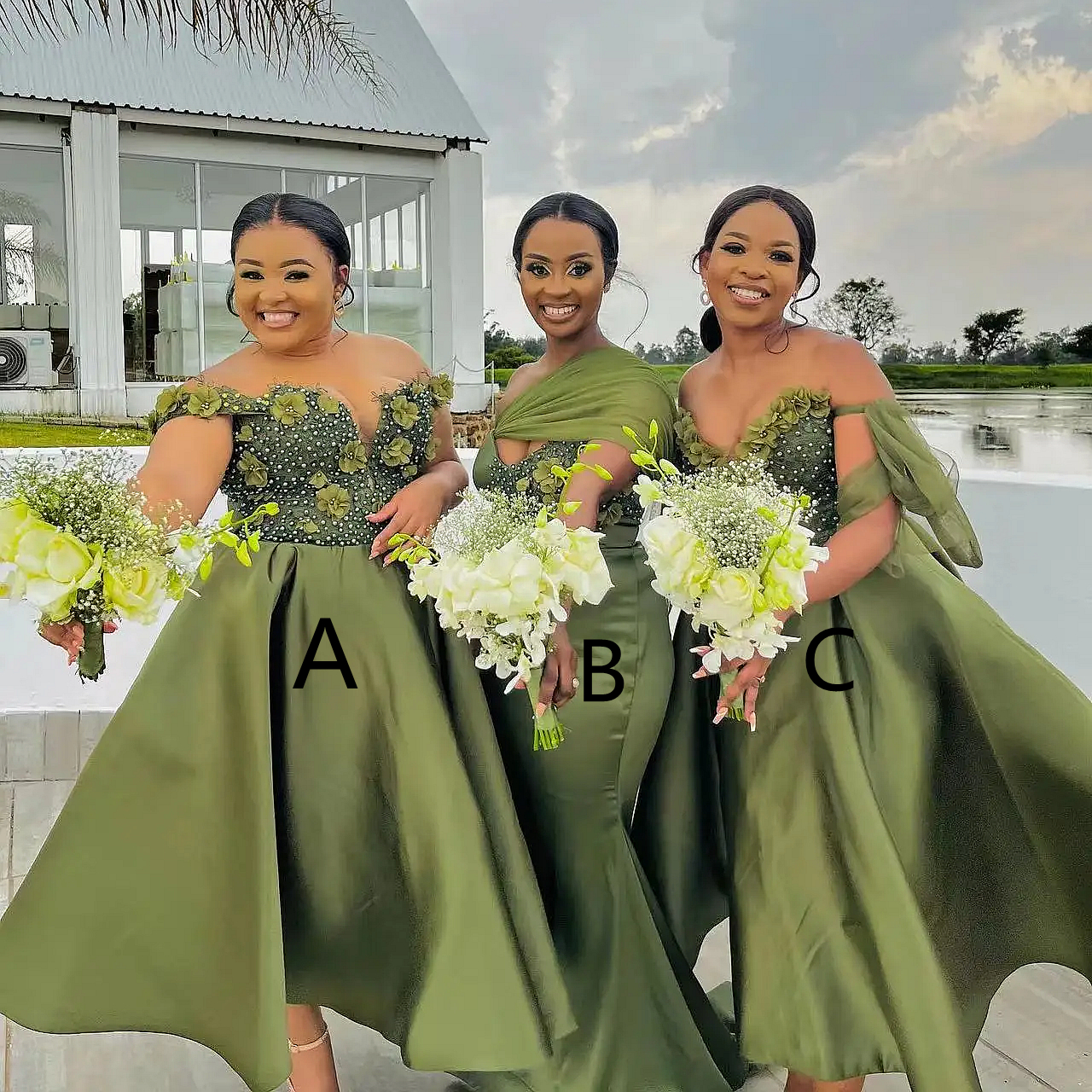 3D Floral Appliques Olive Green Bridesmaid Dress Pearls Beaded Sweetheart Neckline A Line Tea Length Plus Size Wedding Party Gown 3 Styles Women Prom 