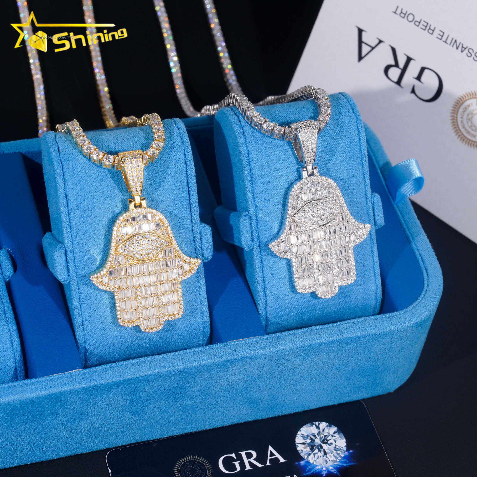Pass Diamond Tester Baguette Moissanite Hamsa pendant 925 sterling silver GRA moissanite iced out diamond Jewelry Ready To Ship