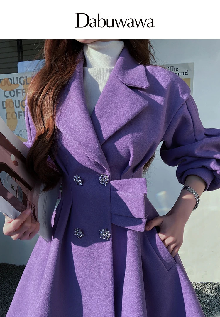 Dabuwawa elegant ultra-thin waist slimming lantern sleeve swing wool coat womens autumn and winter high-end purple cashmere coat 241205