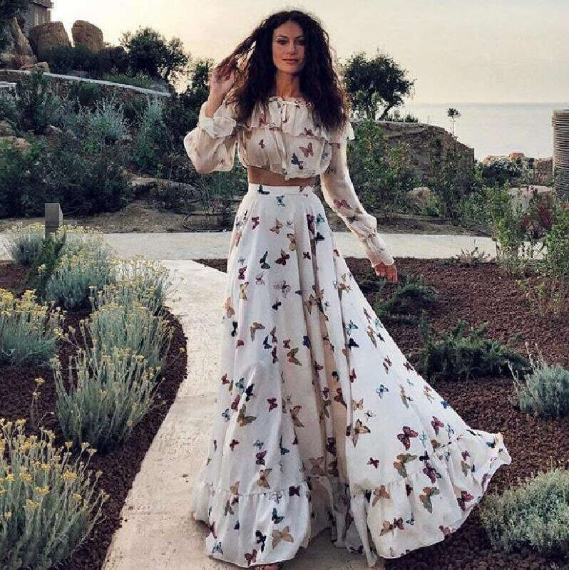 European and American internet celebrity butterfly print two-piece set Bohemian long skirt beach dress 2024 new casual versatile fashion clothing