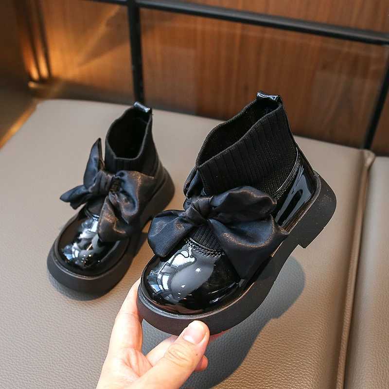 Girls Sock Boots Kids Ankle Boots Non-slip Fashion Bow Elegant Glossy UK Uniform Child School Shoes Casual Boots PrincessXJ241206