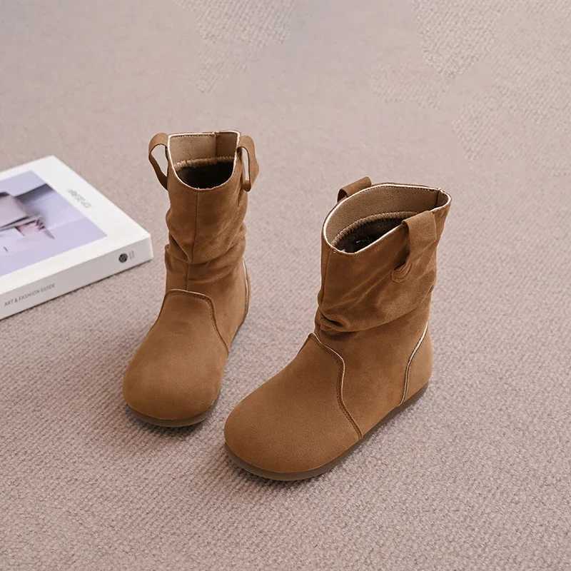 Children Stacked Leather Boots Girls Cowboy Fashion Boots Retro Sle Kids Flats Short Boots All Match Spring Autumn 2024 NewXJ241206
