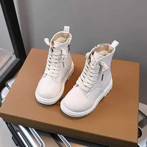 Zapatos Nia Children Leather Boots Plush Warm Kids Shoes Waterproof Non-slip Boys Cotton Shoes Casual Side Zipper Girls BootsXJ241206
