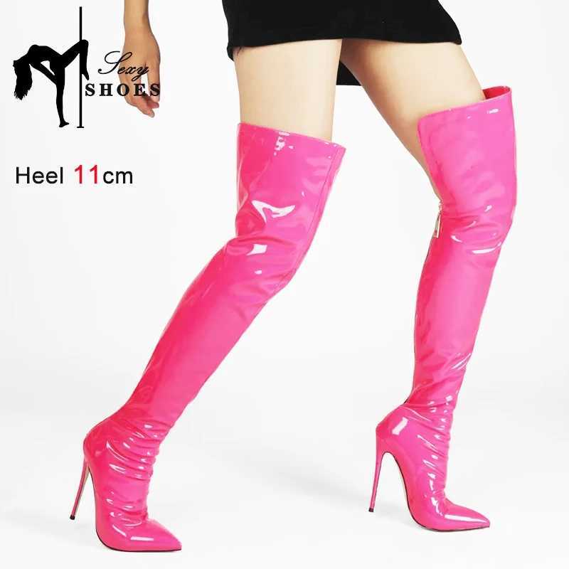 High Quality Womens shiny PU striped boots 11CM super knee boots spring/summer new item Pointed Toe back zipper womens Lg boots T241206