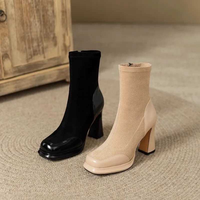 High Quality Thick heel short boots thin boots and suede high-temperature boots for warm autumn and winter splicing waterproof platforms T241206