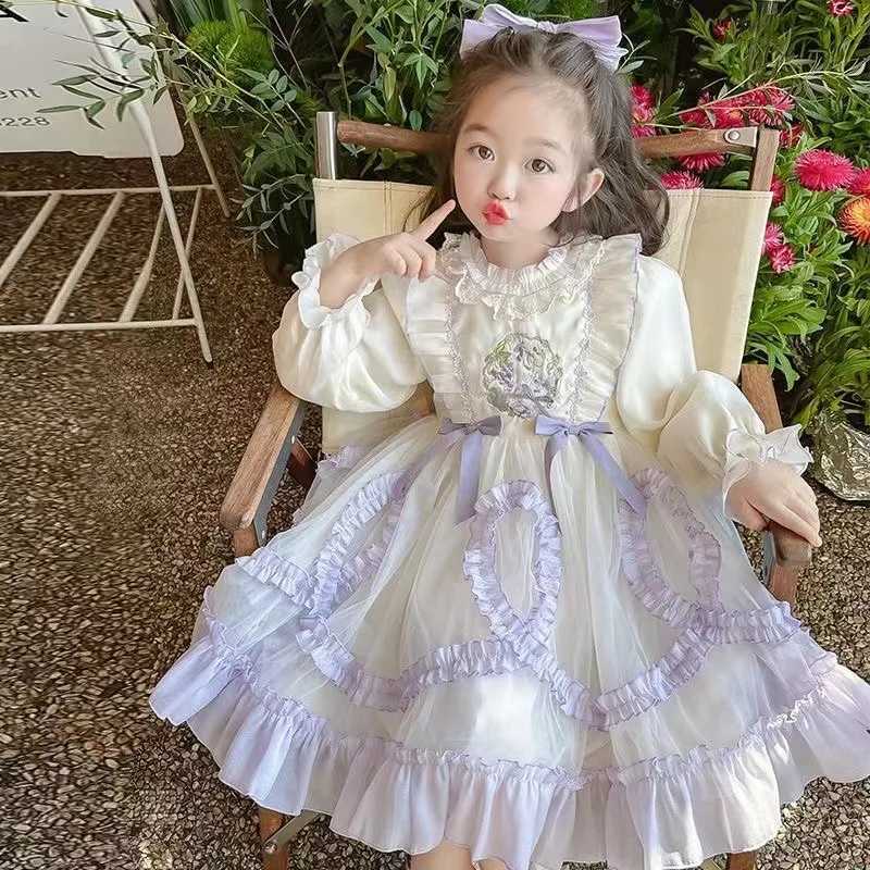 Autumn Girl Long Sleeved Princess Dress Fashionable and Sweet Splicing Bow Dress 3-10 Years Old Girl Par DressXJ241206