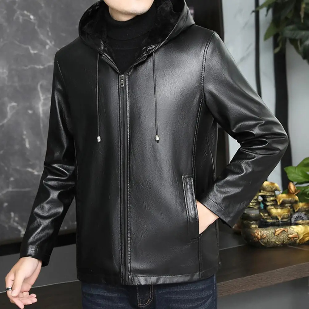 Hooded Faux Leather Jacket Men with Velvet Lining Stylish Mens for Winter 241202
