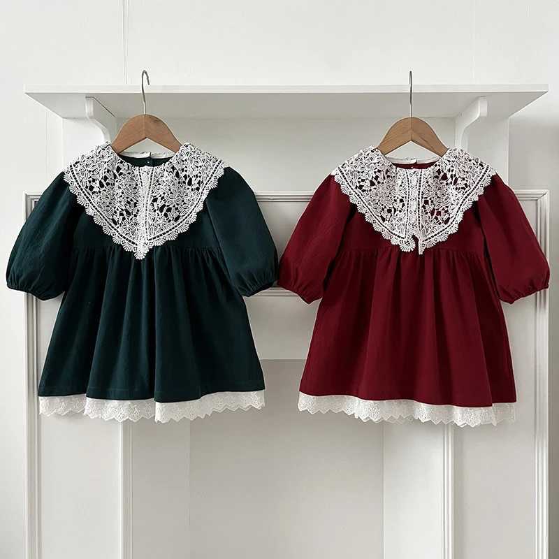 Sprint Autumn Children Dress Girl Lace Collar Dress Long Sleeve Rural Princess Clothing Toddler Casual Outdoor Korean ClothesXJ241206