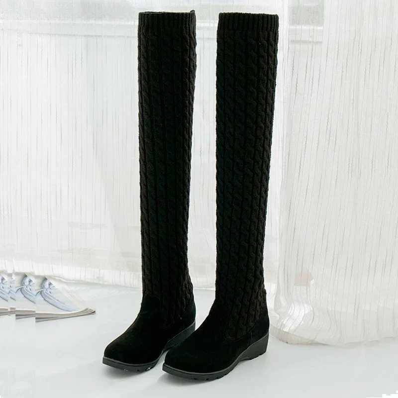 High Quality New autumn and winter breathable knitted socks womens thick high heels Streh round toe platform boots T241206