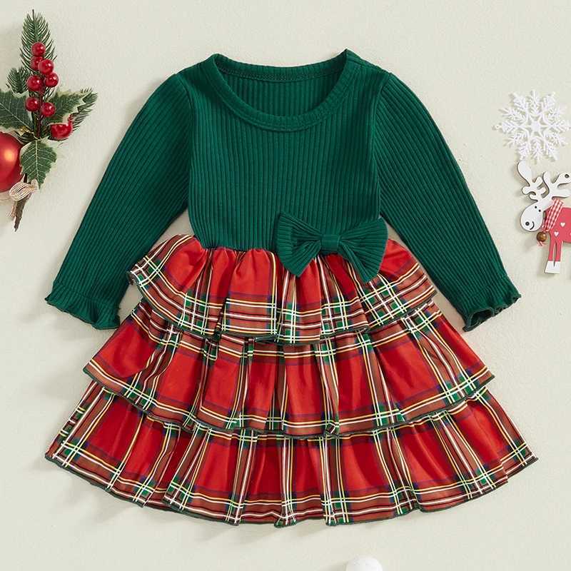 Toddler Girl Winter Dress Cute Bowknot Long Sleeve Plaid Print Princess Dress for Baby Girls Christmas Par OutfitXJ241206