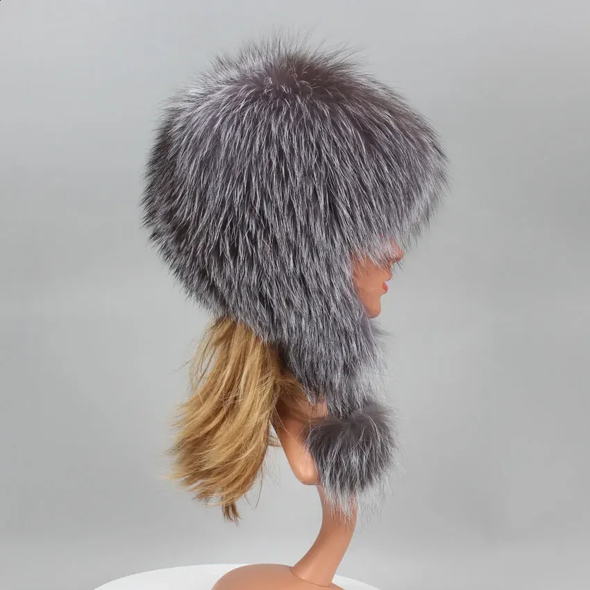 Real fox fur puffy bomber winter bonnet hat Russian female bear natural raccoon fur hat Knitted skull bear female hat 241206