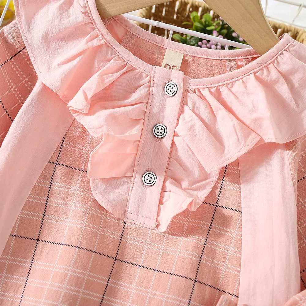 Girls Dress Spring and Autumn Childrens Fashion Ruffle Edge Round Neck Plaid Long sleeved Girls Dress TrendXJ241206