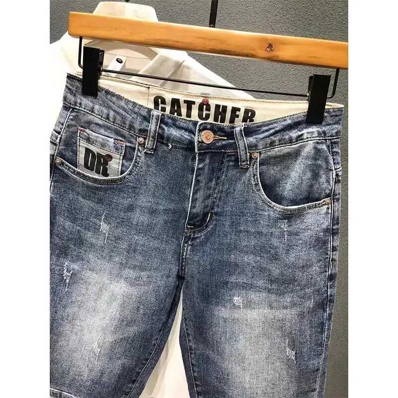 Men Summer Korean Fashion Blue Shorts Jeans Knee Length Streetwear Loose Straight Tube Denim ShortsXJ241206