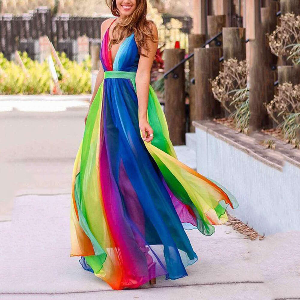 Spring/Summer European Beauty Sexy Deep V Rainbow Chiffon Strap Dress 2024 New Style Unique Elegant Clothing
