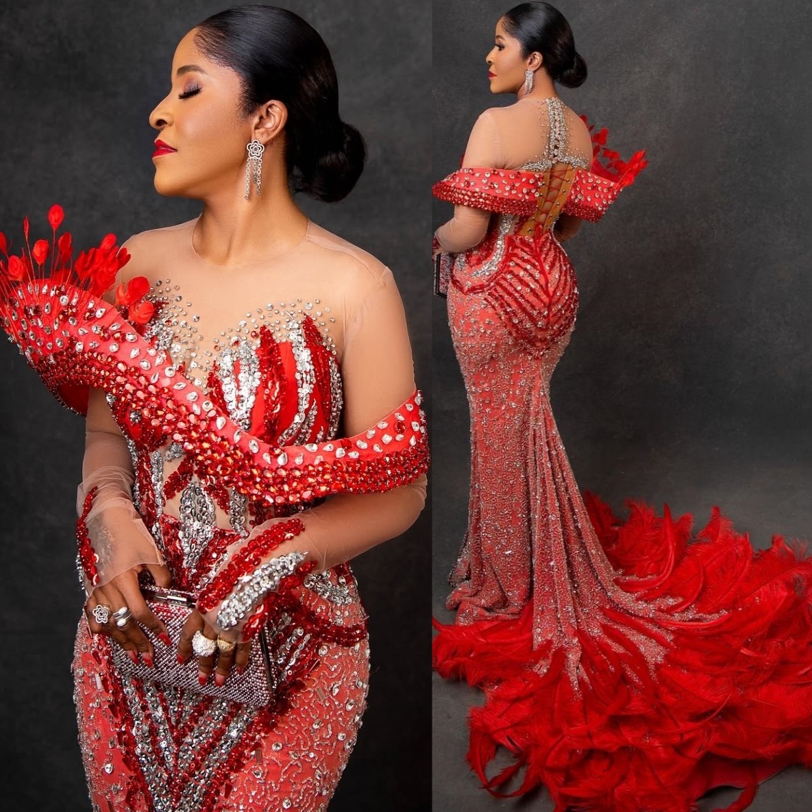 Red Mermaid Prom Dresses 2025 Rhinestones Feather Sequined Luxurious Evening Formal Party Second Birthday Engagement Gowns Plus Size Dress For Special