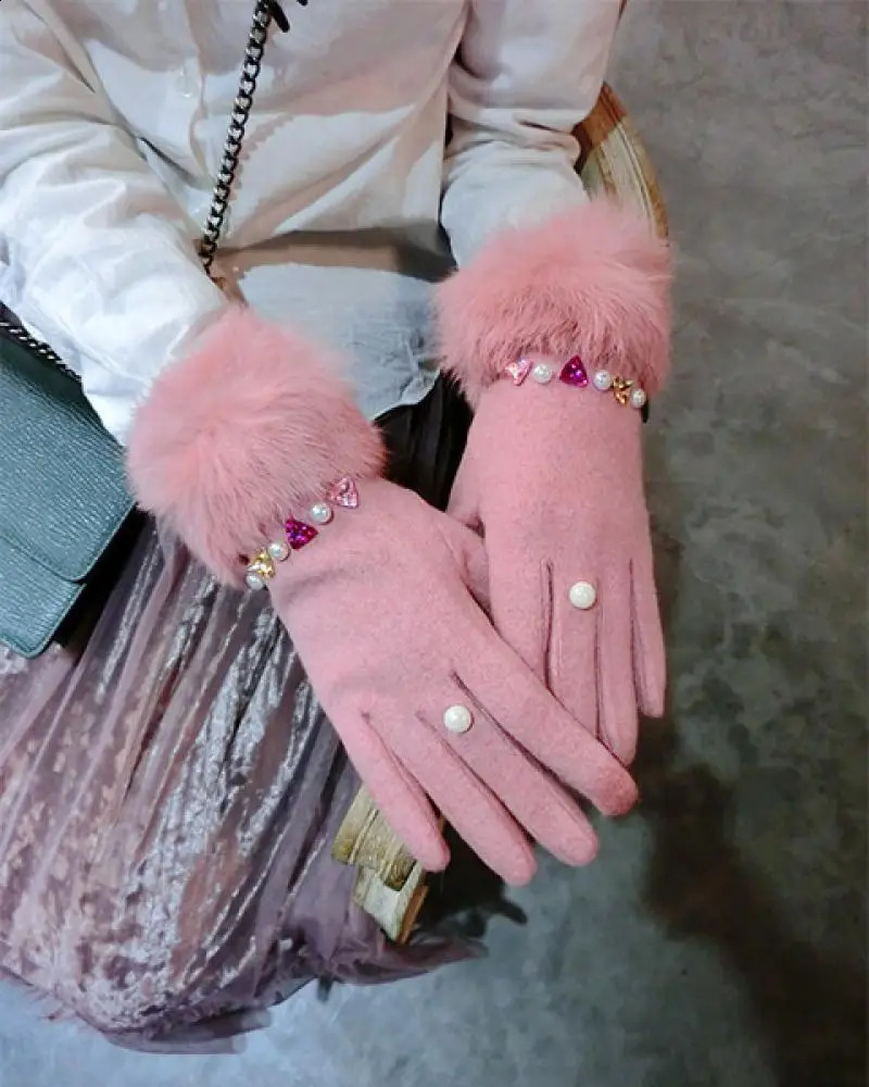 Colorful rhinestone sparkling diamond wool cashmere gloves Korean fashion five finger warm touch screen gloves for women 241206
