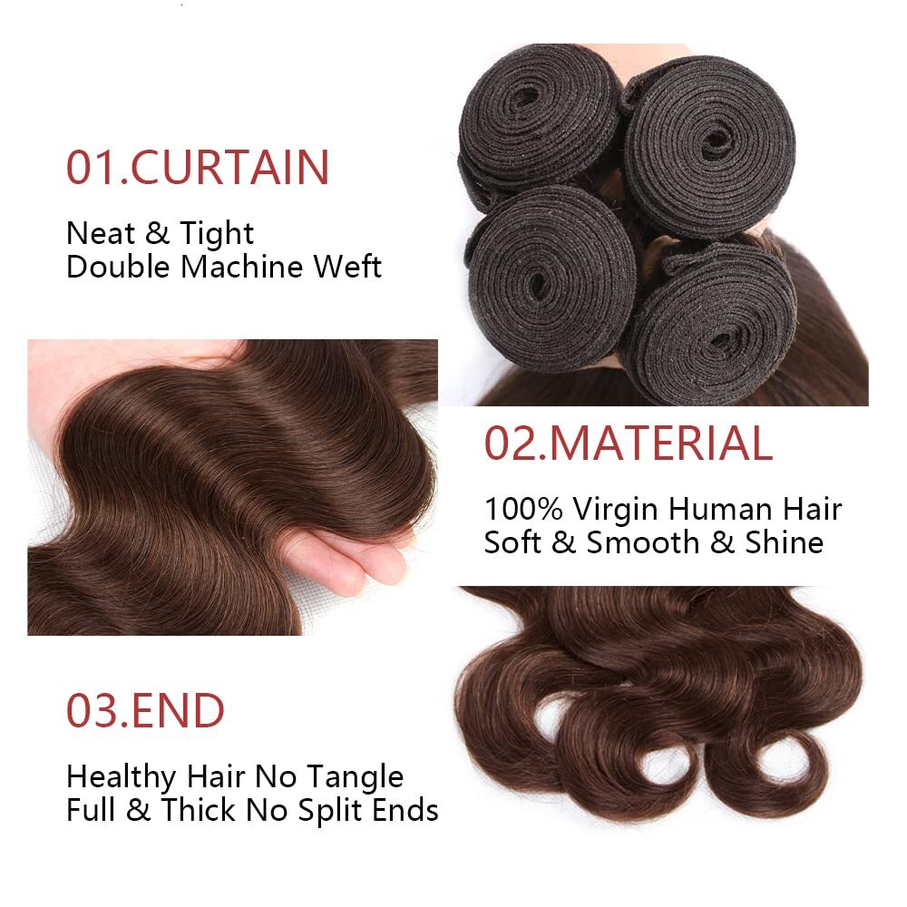 Brazilian Body Wave 3 Bundles Light Color #4 Unprocessed Virgin Brown Human Hair Weave