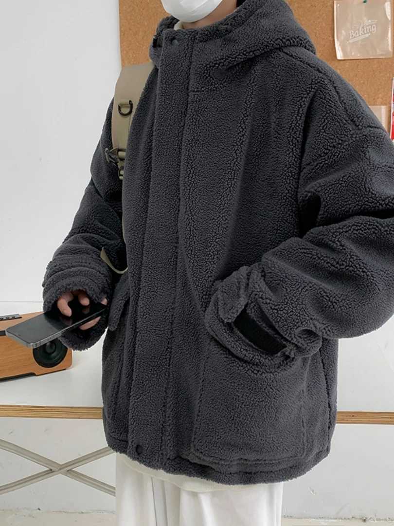 2023 Men Winter Lamb Wool Jacket Men Plus Velvet Streetwear Fashion Loose Handsome Coat Unisex HipHop Hooded Plush Padded JacketXJ241206