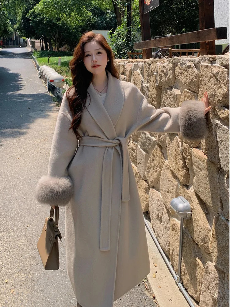 BJTZ Autumn/Winter Double sided Cashmere Coat Womens Long Detachable Fox Fur Hoodie Wool Coat Fashion Temperature 241205