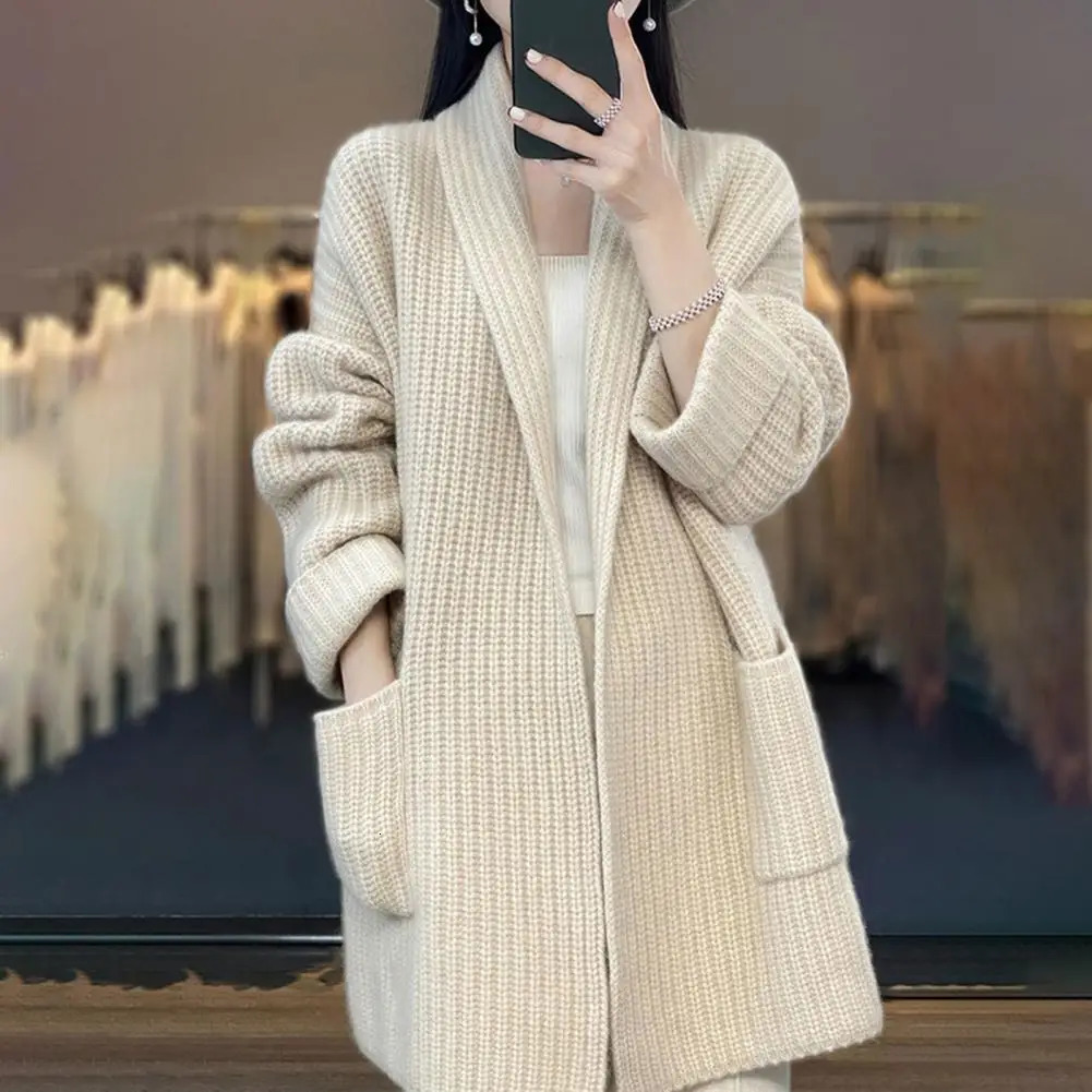 2024 Lazy style womens cardigan wool sweater autumn coat lapel knitted 241206