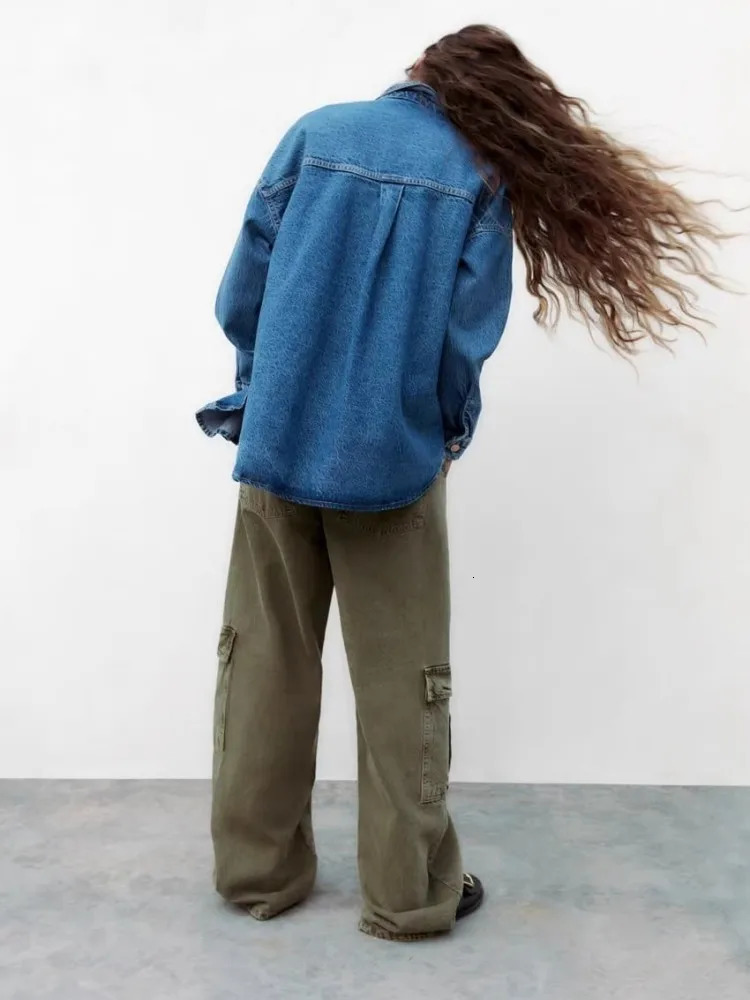 Blue loose denim shirt n with patch pockets set vintage washed casual lapel short jacket 241206