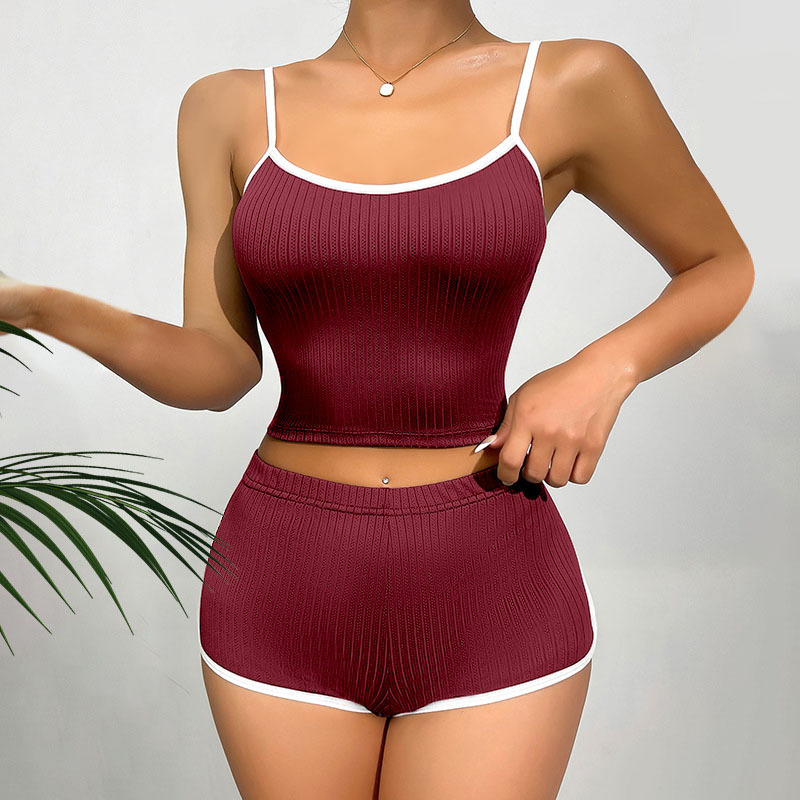 B474-Spring and summer women's loose V-neck satin sling suit personality contrast color comfortable home clothes Korean version of pajamas chest 