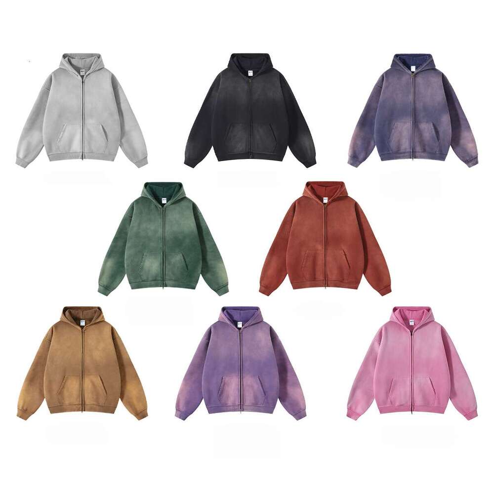 Men's gradient solid color hooded cardigan, women's casual sportswear, loose zipper casual couple's top, retro basic multi-color worn-o